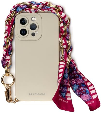 Case&Me Cover Con Foulard per iPhone 13 Pro, Morbida Protezione per Fotocamera, Laccio da Polso, Fashion, Avorio