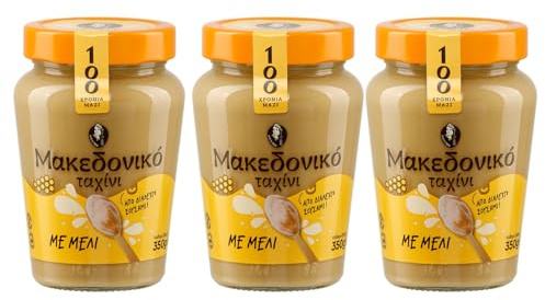 Haitoglou Griechisches Tahini mit Honig 3x 300g Glas – Cremige Sesampaste mit 20% Honig – Süßer Brotaufstrich aus Griechenland – inkl. 20ml Jassas Olivenöl
