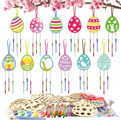 HONMOK 12 Stück Ostern Windspiel Bastelset Kinder, Ostereier Basteln Holz mit Acrylfarbe, Ostern Eier Osterbasteln, Osterwindspiel Dekorieren, Ostern Windspiel Deko für Party, Happy Easter zum Bemalen