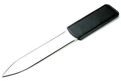 DELMON VARONE - Personalisierbarer Brieföffner 22cm mit Leder-Griff Premium Boxcalf Leder in Schwarz - Hochwertiger Metall Brief-Öffner Messer edel, modern - Letter Opener mit Gravur & Namen