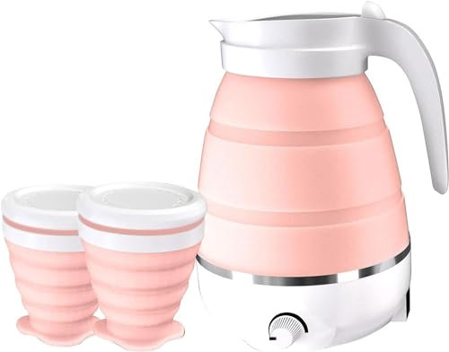 Faltbarer Wasserkocher, 600ml Elektrischer Silikon Wasserkocher Camping Wasserkessel mit 2 Faltbaren Becher Reise Wasserkocher für Camping, Wandern und Drinnen (Rosa)