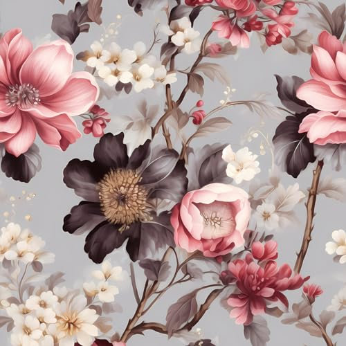 VEELIKE Dainty Floral Peel and Stick Wallpaper Vintage Grey Red Floral Wallpaper Patterned Wall Paper Retro Botanical Wall Mural Contact Paper for Bedroom Girls Room Walls Removable 44.5cm x 300cm