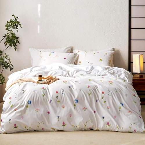 Sedefen Bettwäsche 135x200cm 2teilig Weiß Blumen Blätter Bettbezug Bunt Floral Pflanzenmuster Wendebettwäsche Set Weiche Microfaser Bettwaren-Sets mit Reißverschluss und Kissenbezug 80x80cm