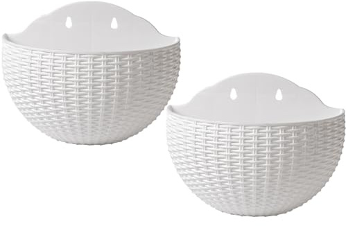 Veesper 2PCS Wall Planter, Wall Hanging Planter Half Round Fence Planters with Drainage and Hooks Wall Mounted Planters for Balcony Garden Railing Indoor Outdoor White