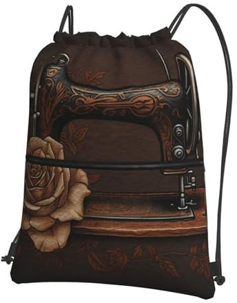 yomeeaaaa Rucksack mit Kordelzug, Turnbeutel, Kordel, Tasche für die Rückseite, Rose und Nähmaschine, Kordelzugbeutel für Reisen, Schwarz , One size