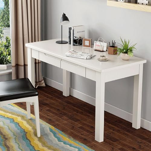 YHKJLYH Bureau en Bois Massif avec 2 tiroirs, Bureau à Domicile Simple et Moderne, Petit Bureau d'ordinateur, Bureau d'étude pour Chambre à Coucher, Salon (47 Pouces, Blanc)