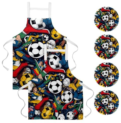 2 delantales para mujer con bolsillos, delantales de lona impermeables para cocina, delantal de chef para hombres y mujeres con correa ajustable e insignia (impresión de herramientas de fútbol),