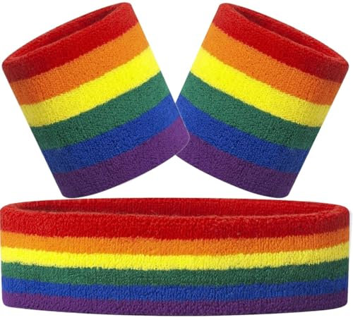 Hatstar 3-teiliges Schweißband Set | 1x Stirnband + 2X Schweißbänder für Handgelenke | Stirnband Damen & Herren | Accessoire für Karneval & Fasching Kostüm (3-farbig Rainbow)