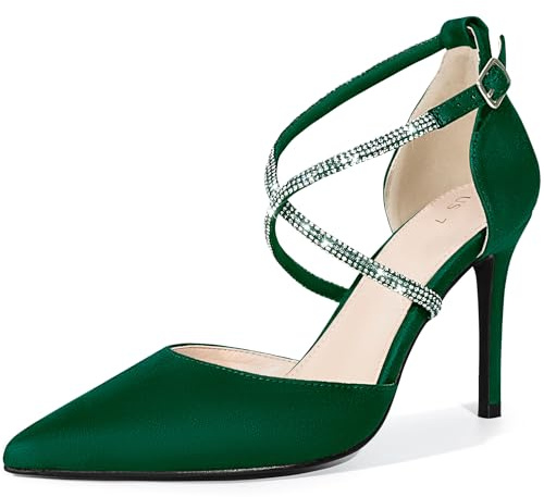 Perphy Pointed Toe Crisscross Rhinestone Ankle Strap Stiletto Heel Pumps | Closed Toe Design. 3.7 Heel Height. Crisscross Rhinestone Ankle Strap. Stiletto Heel. Party, Work. ABS Sole