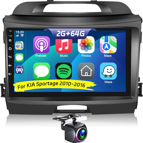 NHOPEEW 2+64G Radio Android 9 Pulgadas para KIA Sportage 2010-2016 - Soporta Wireless CarPlay & Android Auto, Navegación GPS, Control del Volante, FM RDS, Pantalla Dividida + Cámara de Reversa