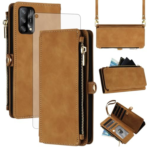 Asuwish Handyhülle für OPPO A74 4G/F19 CPH2219 Hülle mit Band und Folie Schutzfolie RFID Kartenfach Klappbar Leder Blumen Geldbörse Ständer A 74 74A F19S A95 Wallet Hüllen Schutzhülle Phone Case Braun