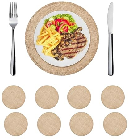 HSTWODE Runde Platzdeckchen Jute-Tischsets 32cm Pflegeleicht Abwaschbar Geflochtene Platzsets für Küche Speisetisch, Party Dekor (8)