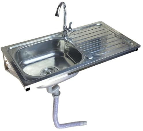 DXIAov Wandmontierte 304 Edelstahl Spültisch, Waschtisch Küchenspüle mit Werkbank und Wasserhahn Außenbecken Edelstahlspüle Handwaschbecken für Restaurant Waschküche Badezimmer Garage