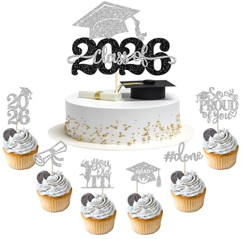 25 Stück 2026 Abschluss Tortendeko Graduation Grade Cap Kuchen Deko So Proud of You Cupcake Toppers für 2026 Abschluss Party Kuchen Dekoration Silber