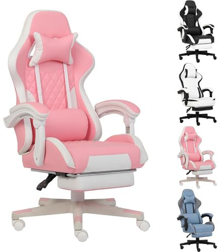 Opiesit Gaming Chair, Computer Office Chair with Footrest, Linkage Armrests and Lumbar Support, High Back Ergonomic Gamer Chairs for Adults, Pink
