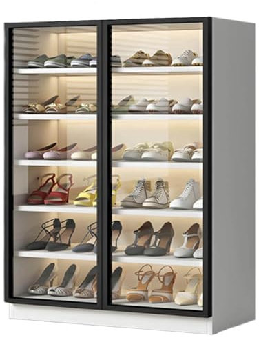 Zapatero de 6 niveles con puertas de cristal, luces LED y estantes ajustables, zapatero para pasillo y sala de estar