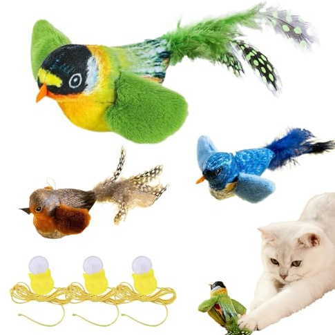 FOSDICK 3 Pièces Oiseau Volant pour Chat, Jouet Chat Interactif, Jouets pour Chats en Peluche, Simulation Peluche Oiseau Gazouillis Jouet Chaton, Cat Toy avec Herbe à Chat pour Griffer, Jouer, Mâcher