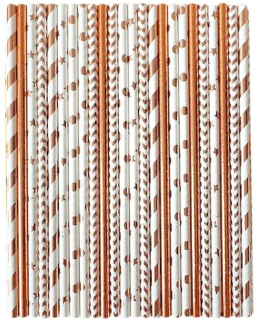 YAOSHENG Lot de 100 pailles en papier métallique rayées/ondulées/roses pour anniversaires, mariages, décorations de Noël et accessoires de fête (or rose)