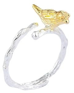 GWSGSFAS Ring aus reinem 925er Sterlingsilber mit Zweig und Vogelmotiv, offen, für Damen, antiallergisch, größenverstellbar, Silber