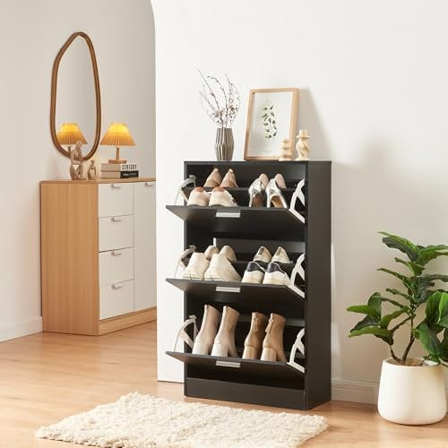 [en.casa] Schuhschrank Sykkylven Schuhkipper mit 3 Klappen Schuhkommode für 12 Paar Schuhe 103 x 60 x 24 cm Schwarz