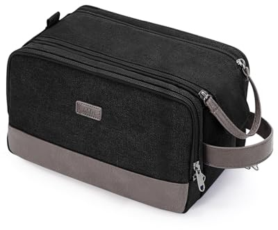 WANDF Kulturtasche für Herren, Reise-Kulturbeutel, Kosmetiktasche mit Segeltuch und PU Leder, Wasserabweisende Rasiertasche für Reisezubehör(Schwarz, M, Patent angemeldet)