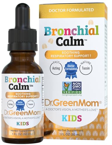 Dr. Green Mom Kids Cold, Flu & Allergy Support — Bronchial Calm — Herbal Immune Liquid Drops for Babies, Toddlers & Children — Natural Cough Care — Drug-Free, Sugar-Free, Non-GMO, 1 fl oz