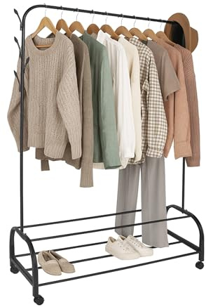 Relaxdays mobile clothes rack, HxWxD: 160 x 110 x 40 cm, 2 shelves, side hooks, iron, wardrobe trolley, black