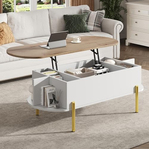 Merax Couchtisch mit Höhenverstellbarer Platte, Multifunktions-Wohnzimmertisch mit Verstecktem Stauraum & Offene Regale, Ovale Tischplatte, Modern Kaffeetisch Sofatisch für Homeoffice, Weiß&Holzfarbe