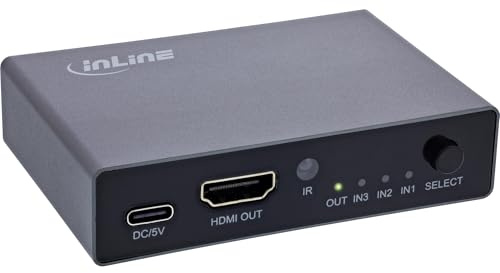 InLine HDMI 2.1 Switch 3-Fach, Umschalter für 8K 60Hz und 4K 144Hz, 3 In 1 Out Switch mit IR-Steuerung und HDCP 2.3 Unterstützung, 65020