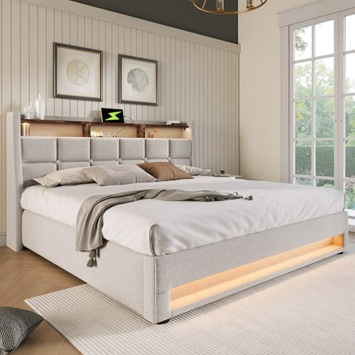LED Bett 160x200 cm Grau mit USB-Ladung | Einzelbett mit Vintage-Design & Hydraulik-Stauraum | Polsterbett in Leinen mit verstellbarem Kopfteil | Jugendbett für Teenager-Zimmer (ohne Matratze)