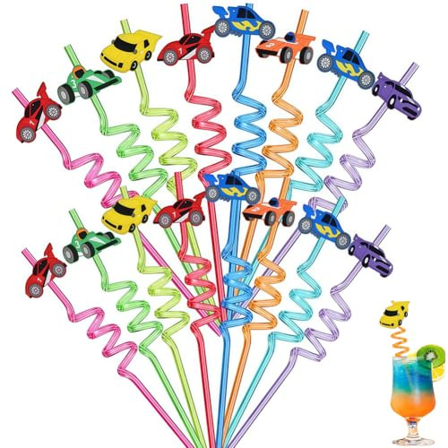 Car Curly Hard Straws, 16PCS Car Reusable Drinking Straws Washable Twisty Plastic Novelty Straw Cartoon Curly Straw Birthday Party Decorations for Family Gatherings,Juices and Smoothies