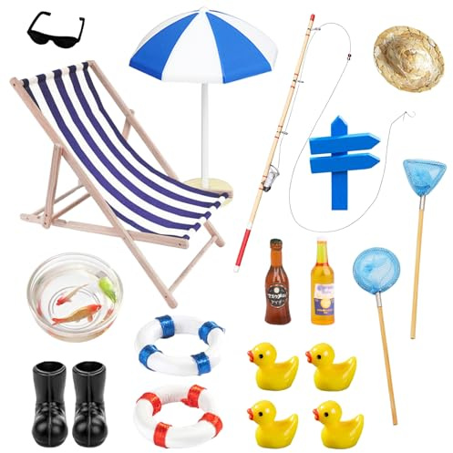 19 Stück Miniatur Angelrute Set Angelrute Zubehör mit Mini-Strandstuhl Sonnenschirm Angelrute Fischernetze Aquarium Strohhut Angelset Deko 1:12 Miniaturmodell für DIY-Garten Puppenhaus Sommer Deko