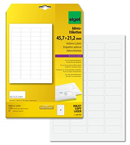 SIGEL LA315 abgerundete Adress-Etiketten selbstklebend, bedruckbar, weiß, 45,7 x 21,2 mm, 1200 Etiketten = 25 Blatt