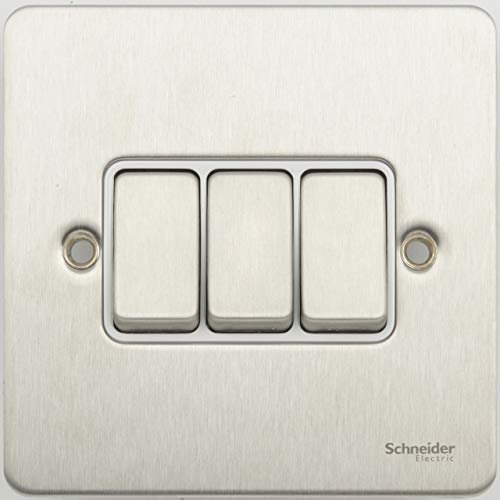 Schneider Electric Ultimate Flat Plate - 3 Gang Rocker 2 Way Light Switch, Single Pole, 16AX, GU1232WSS, Stainless Steel with White Insert