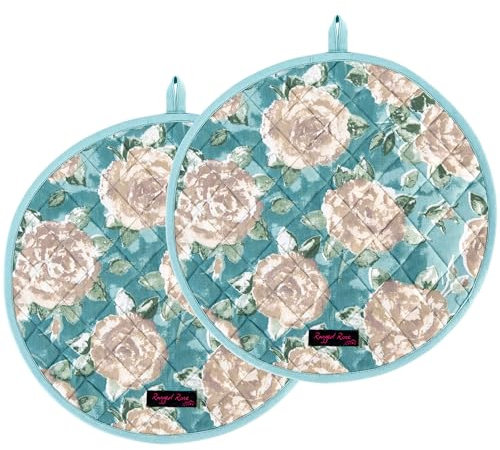 Ragged Rose Aga Cooker Hob Covers - 38 cm x 38 cm Universal Hob Mats for Gas, Oil, Electric, & Induction Aga Cookers - Pair of Machine Washable Cotton Chef’s Pads - Duck Egg Rose Pack of 2