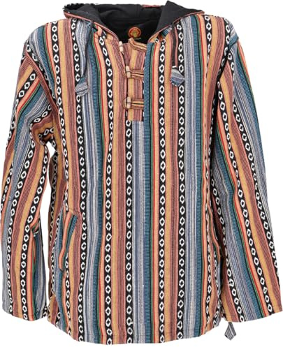 GURU SHOP Goa Kapuzenshirt, Baja Hoody aus Baumwolle, Ethnolook, grün/bunt | Kapuzenpulli mit Holzknöpfen, Kängurutasche, traditionell in Nepal gewebt, kuschelig warm, individuelles Unikat