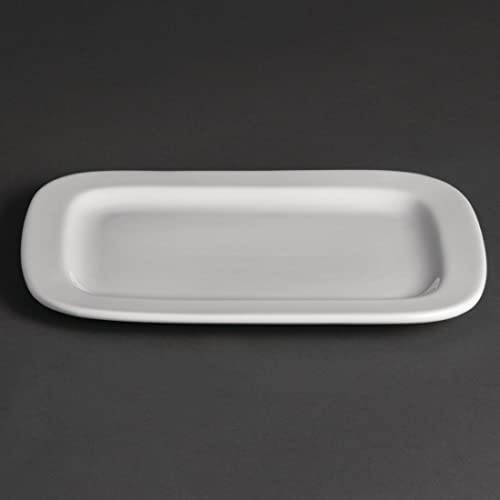 Olympia Whiteware Rectangular Plates 230x170mm Porcelain, Pack of 12 | Fully vitrified for reliable heat and thermal shock resistance. Rounded rectangle shape suits intensive hotelware use.