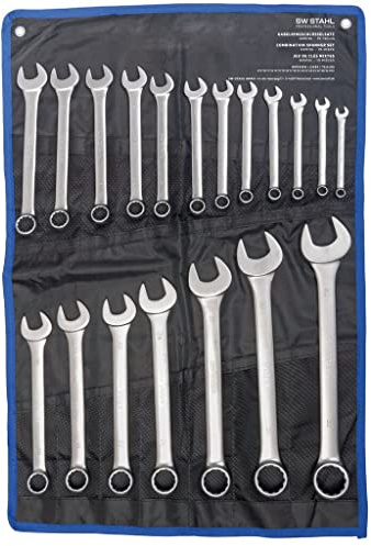 SW-Stahl 00919L Gabelringschlüsselsatz 8-32 mm, 19-teilig - Maulschlüssel | Ring-Gabelschlüssel-Set aus Chrom-Vanadium, 15 Grad abgewinkelt, inkl. Rolltasche, Ringmaulschlüssel für Profis
