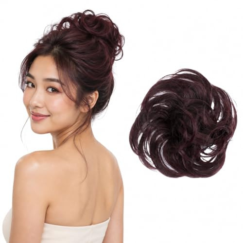 CAISHA Pedazo De Cabello Peinado De Bola Anillo De Goma Con Pelo Sintético Vino Tinto G20B