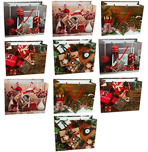 HRB Geschenktüten 10 Stück für Weihnachten, stabile Weihnachtstüten, 18 x 23 x 10 cm, weihnachtliche Geschenkverpackung (Braun/Rot, Medium)