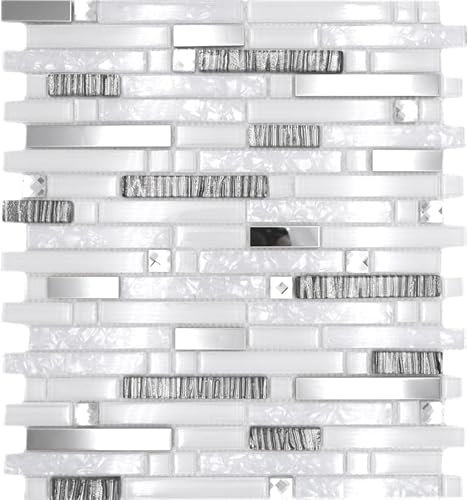 Mosaik Verbund Crystal/Edelstahl mix weiß/Glas Metall Mix Fliesenspiegel, Mosaikstein Format: 15x48/98/148x8 mm, Bogengröße: 298x338 mm, 1 Bogen/Matte