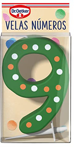 DR. OETKER Velas Número 9, Vela de Cumpleaños Para Personalizar Tartas, Cupcakes o Bizcochos - Pack de 1 Vela con Número 9 en Colores Rojo, Azul, Verde o Amarillo