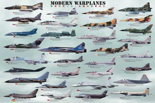 Educational - Bildung Flugzeuge - Modern Warplanes Bildungsposter Plakat Druck - Maxiposter Version in Englisch - Grösse 91,5x61 cm