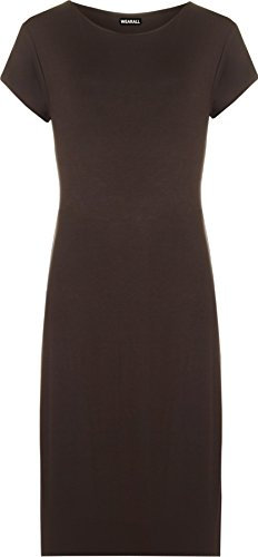 WearAll Womens Plus Size Plain Short Sleeve Stretch Ladies Jersey Midi Dress - Brown - 20/22