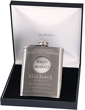 30th Birthday Engraved Hip Flask Happy Birthday Feature in Gift Box