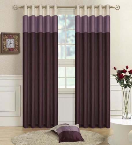 viceroy bedding Pair of Fully Lined Purple, Lilac, Cream 46 Width x 54 Drop Faux Silk THREE TONE Eyelet/Ring Top Curtains with Matching Tiebacks