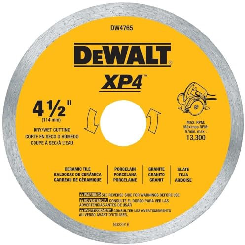 DEWALT Diamond Blade for Porcelain Tile, Wet/Dry, 4-1/2-Inch (DW4765), Yellow