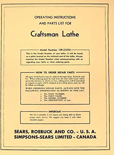 CRAFTSMAN-Dunlap 6 Metal Lathe 109.21270 Operator & Part Manual