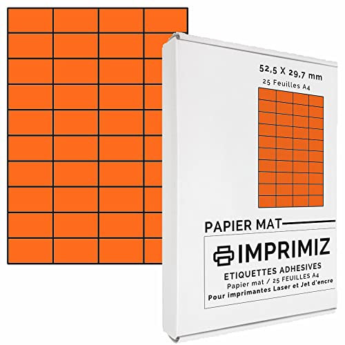 1000 selbstklebende Etiketten orange neon-52,5 x 29,7 mm - 40 Etiketten/Blatt - 25 Blatt A4 / Papier matt - Farbe - Für Inkjet/Laser/Kopier Drucker - Etiketten farbig