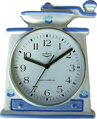 Küchenuhr Funkuhr blaue dämpfende Kaffeetassen Kaffeemühle handbemalt